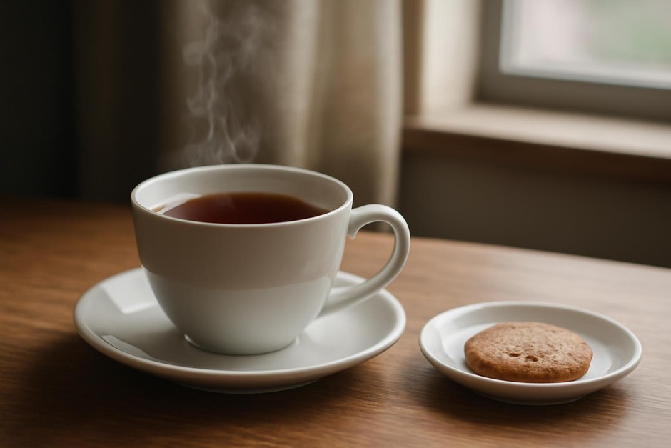 A steaming cup of tea on a wooden table beside a small plate